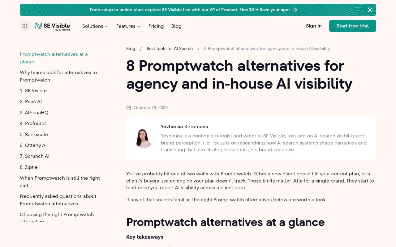 SE Ranking's SE Visible comparison of Promptwatch alternatives, covering Peec, Otterly, Ziptie and others by fit and coverage