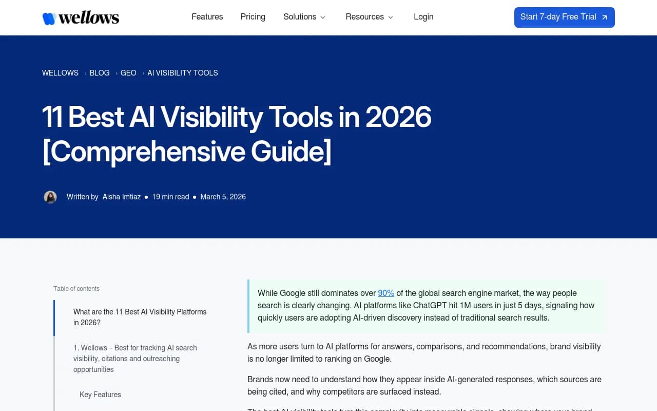 Overview of AI visibility tool categories and feature sets from Wellows 2026 guide