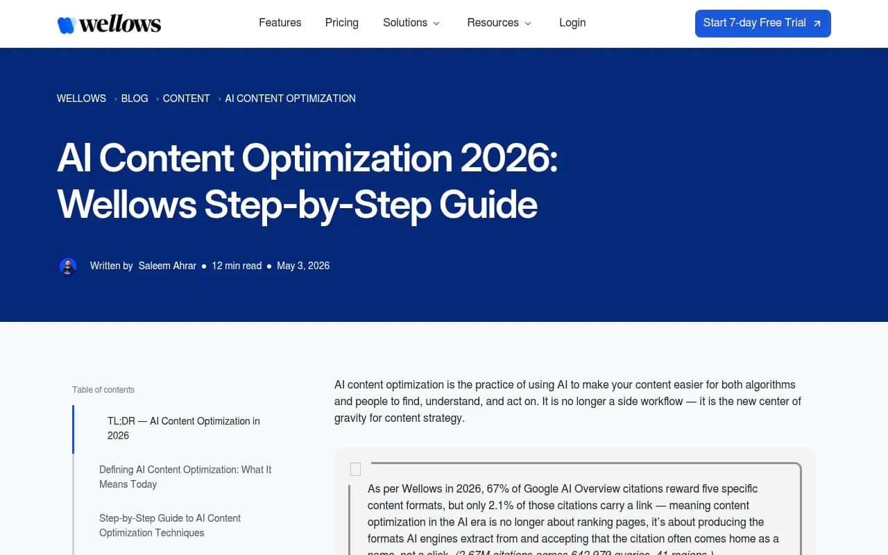 AI content optimization research from Wellows showing citation patterns across 2.67M citations