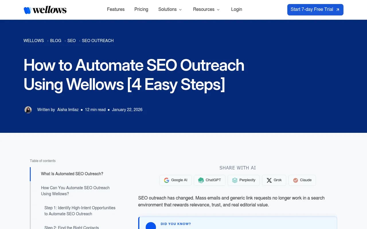 Wellows SEO outreach guide showing how to automate citation-building workflows
