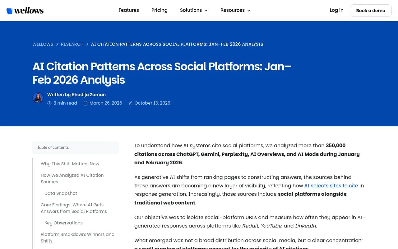 Wellows social media AI citations report showing Reddit, YouTube and LinkedIn citation counts