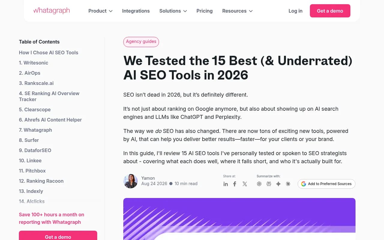 Whatagraph's roundup of 15 AI SEO tools, one of several competing listicles that disagree on rankings