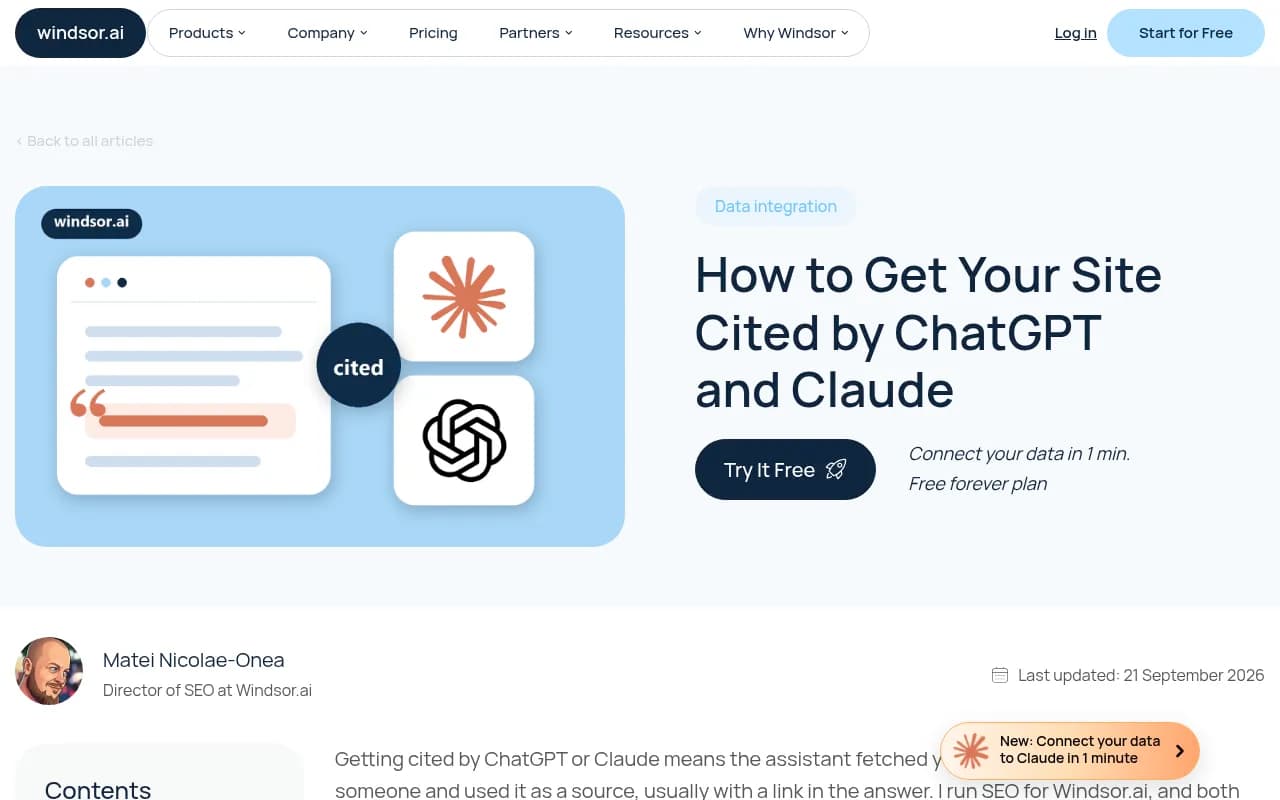Windsor.ai's guide on getting cited by ChatGPT and Claude, built from server logs and Search Console data