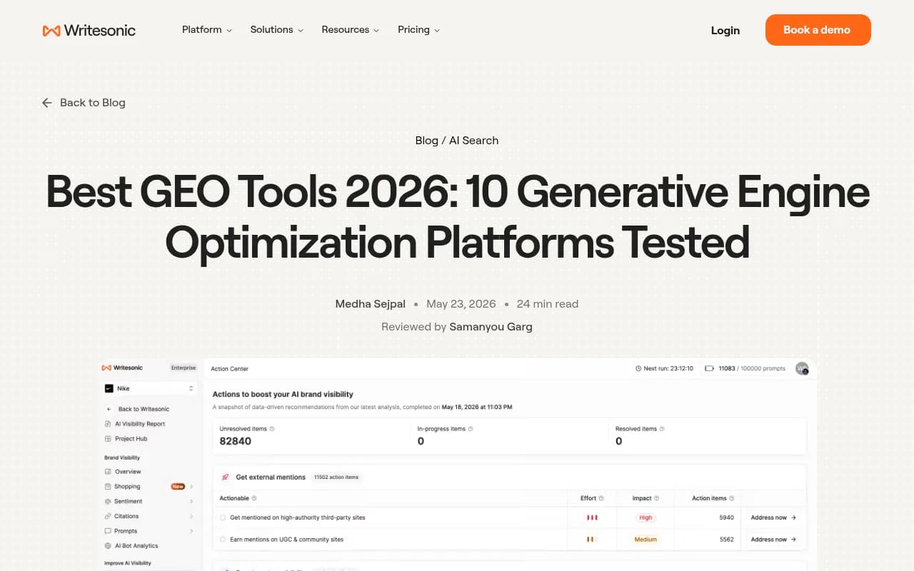 Writesonic's GEO tools roundup, which describes the Action Center and its closed-loop workflow