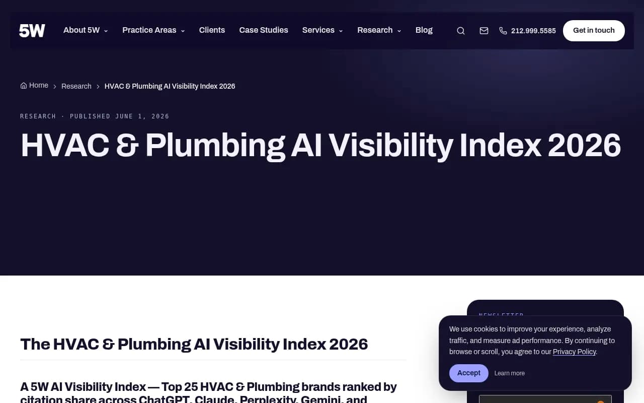 5WPR's HVAC and plumbing AI visibility index showing top brands by AI citation share