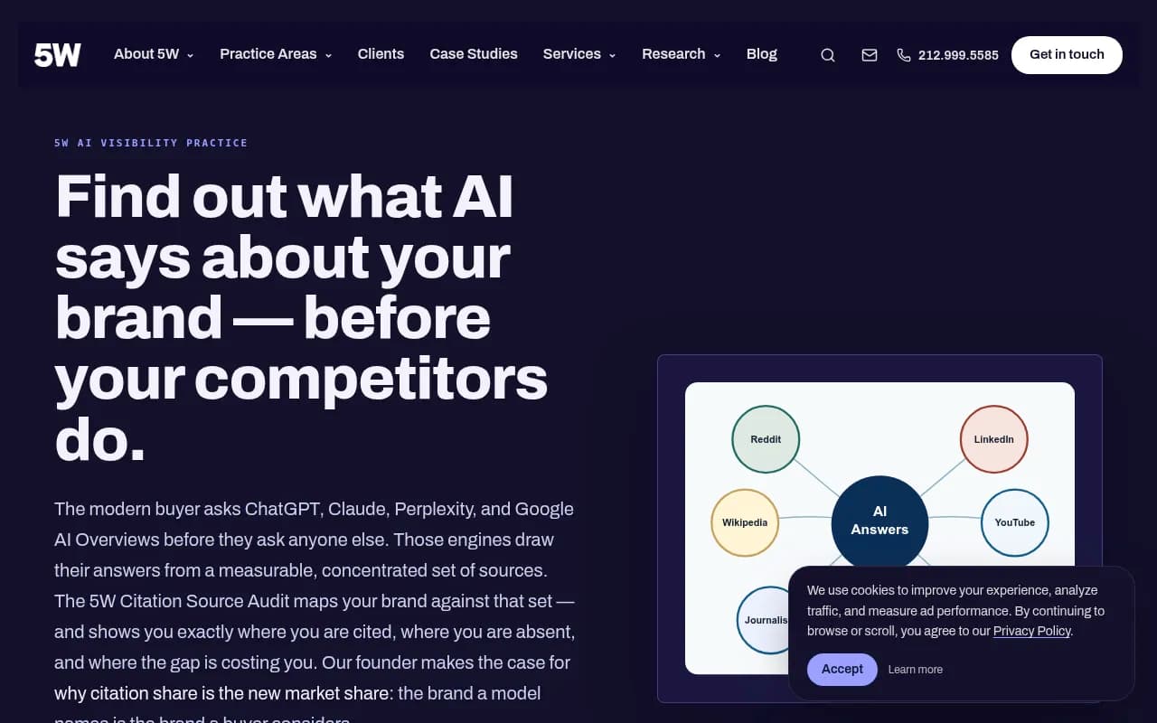 5W's AI citation audit page, an example of how a PR agency frames a source-mapping service