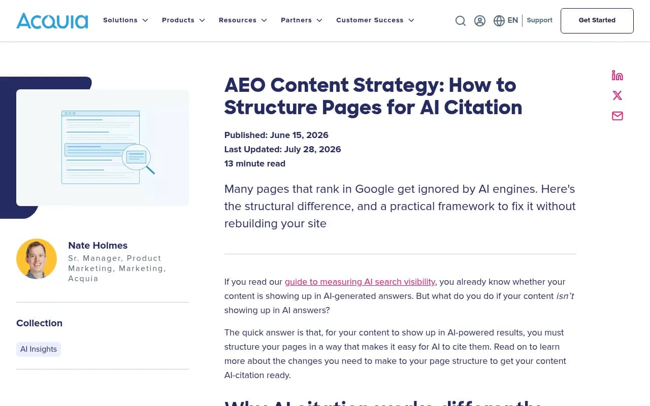 Screenshot of Acquia's guide on structuring pages for AI citation, which includes the 14% to 38% case study