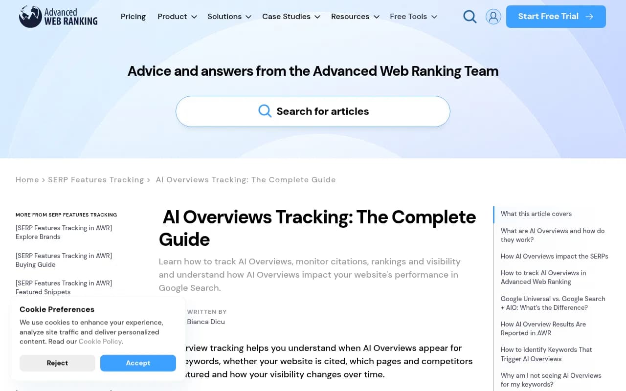 Advanced Web Ranking help page explaining how to set up AI Overviews tracking