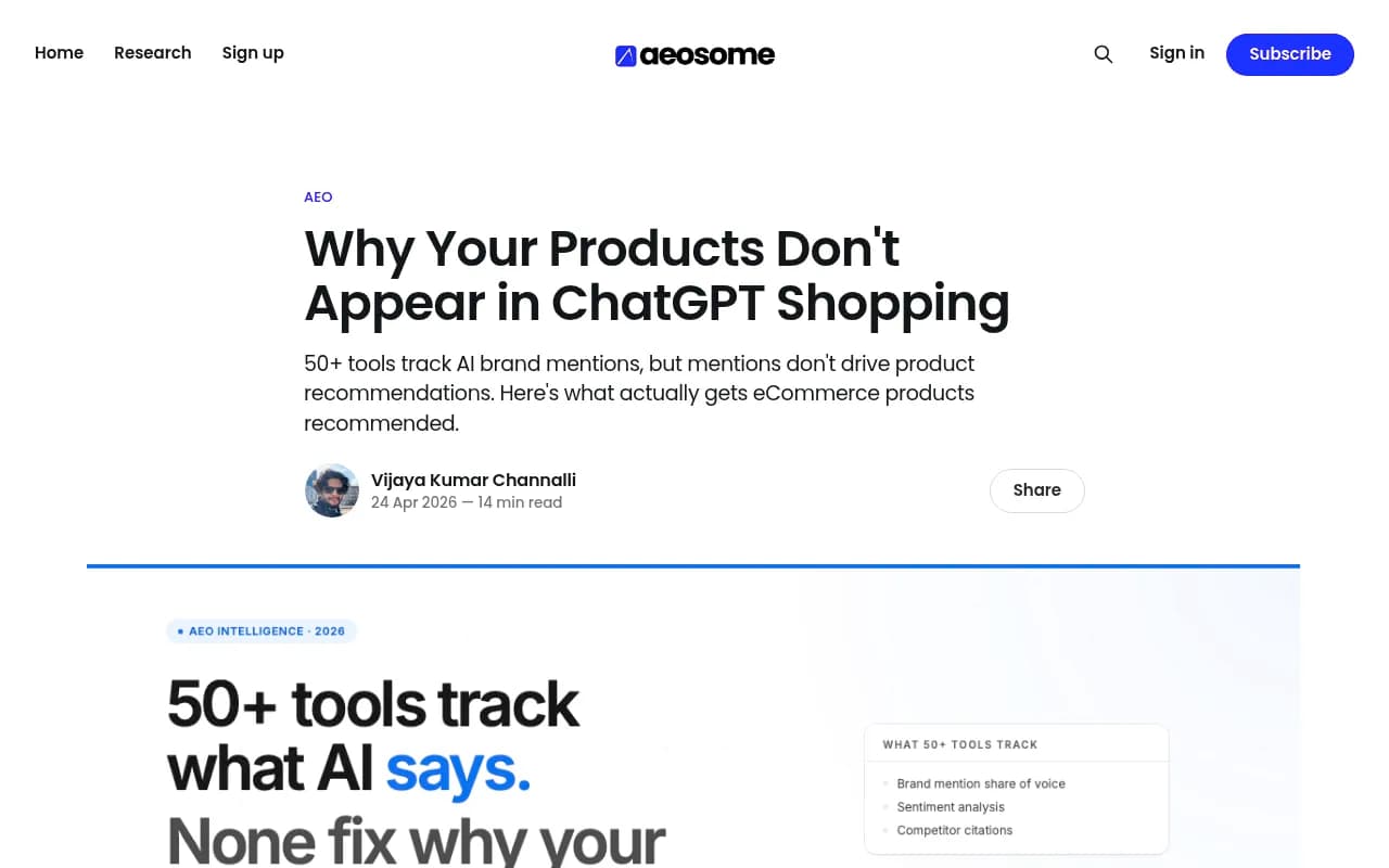 Screenshot of AEOsome's breakdown distinguishing brand-mention tracking from eCommerce protocol compliance diagnostics
