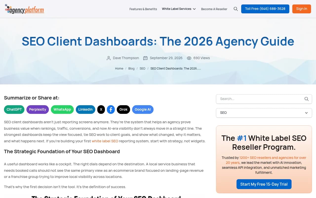 SEO client dashboards guide from AgencyPlatform showing a four-step framework from business goals to KPIs and data tools