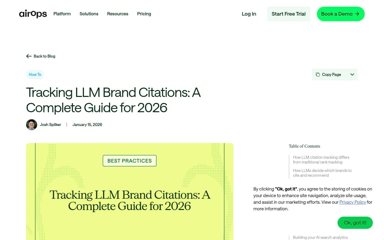 AirOps guide on LLM brand citation tracking, showing how AI platforms represent brands differently across models