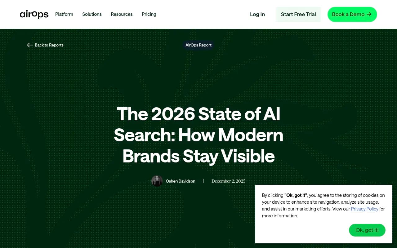 AirOps 2026 State of AI Search report showing brand visibility statistics and citation data