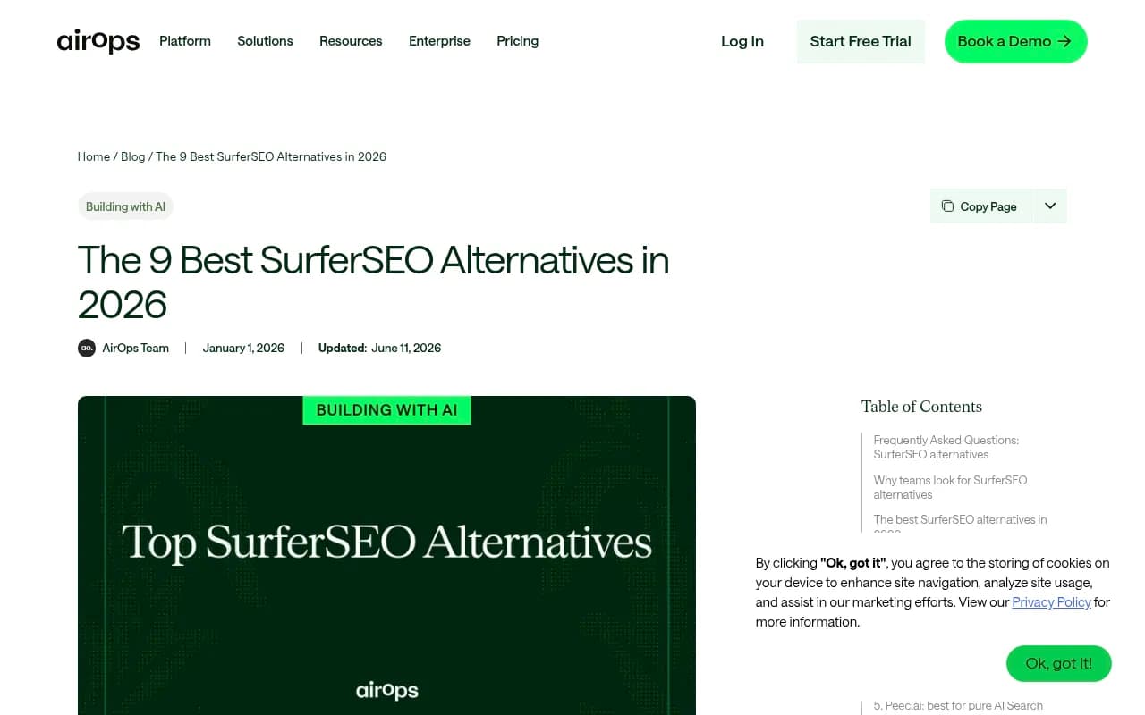 AirOps alternatives page showing positioning against Surfer SEO and other content platforms