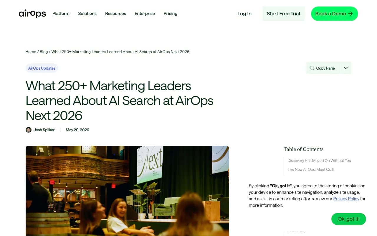 AirOps Next 2026 conference recap page showing session highlights and speaker lineup