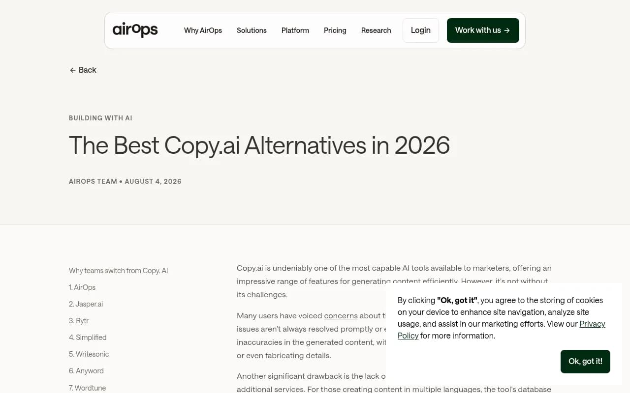 AirOps article comparing Copy.ai alternatives, covering brand voice, workflows and AI search optimization
