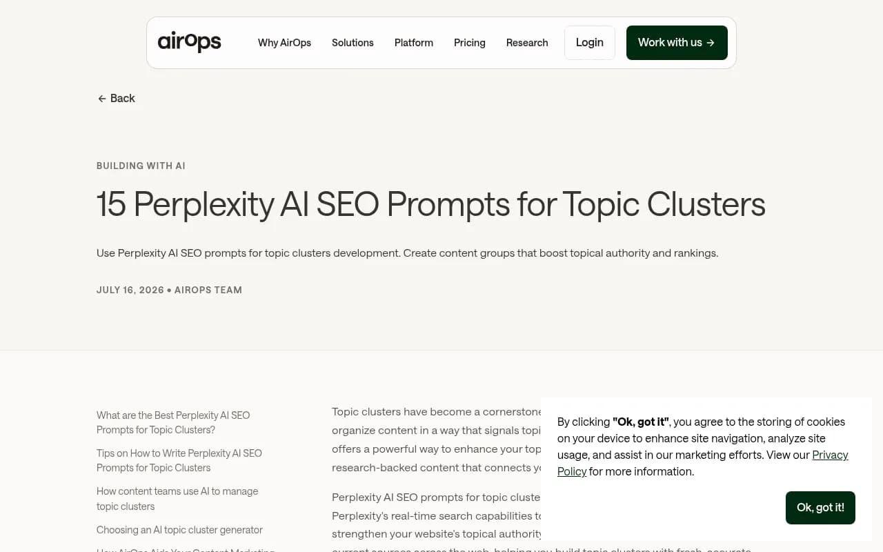 AirOps library of Perplexity AI SEO prompts for topic clusters, including structure generator and content gap analyzer