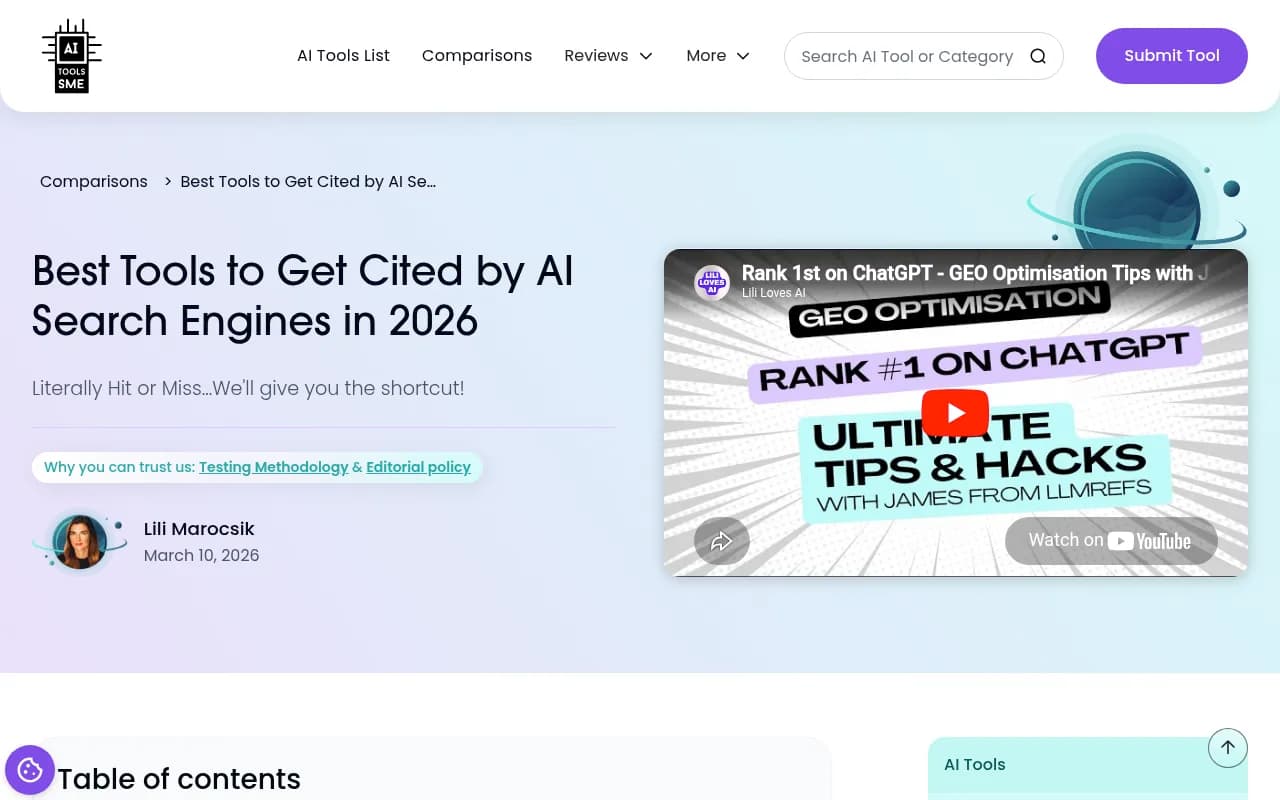 AI search optimization tool comparison overview from aitoolssme.com
