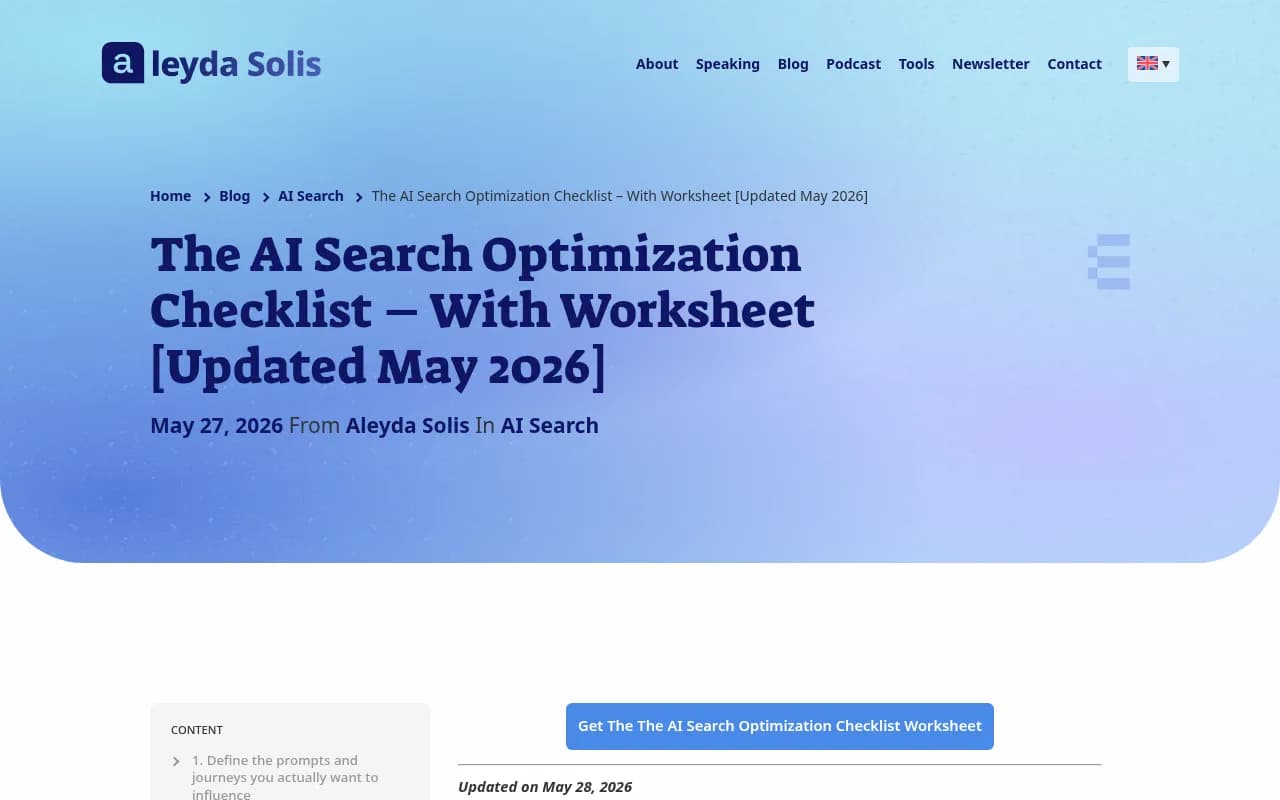 Aleyda Solis's AI Search Optimization Checklist -- a practical workflow for improving AI search visibility