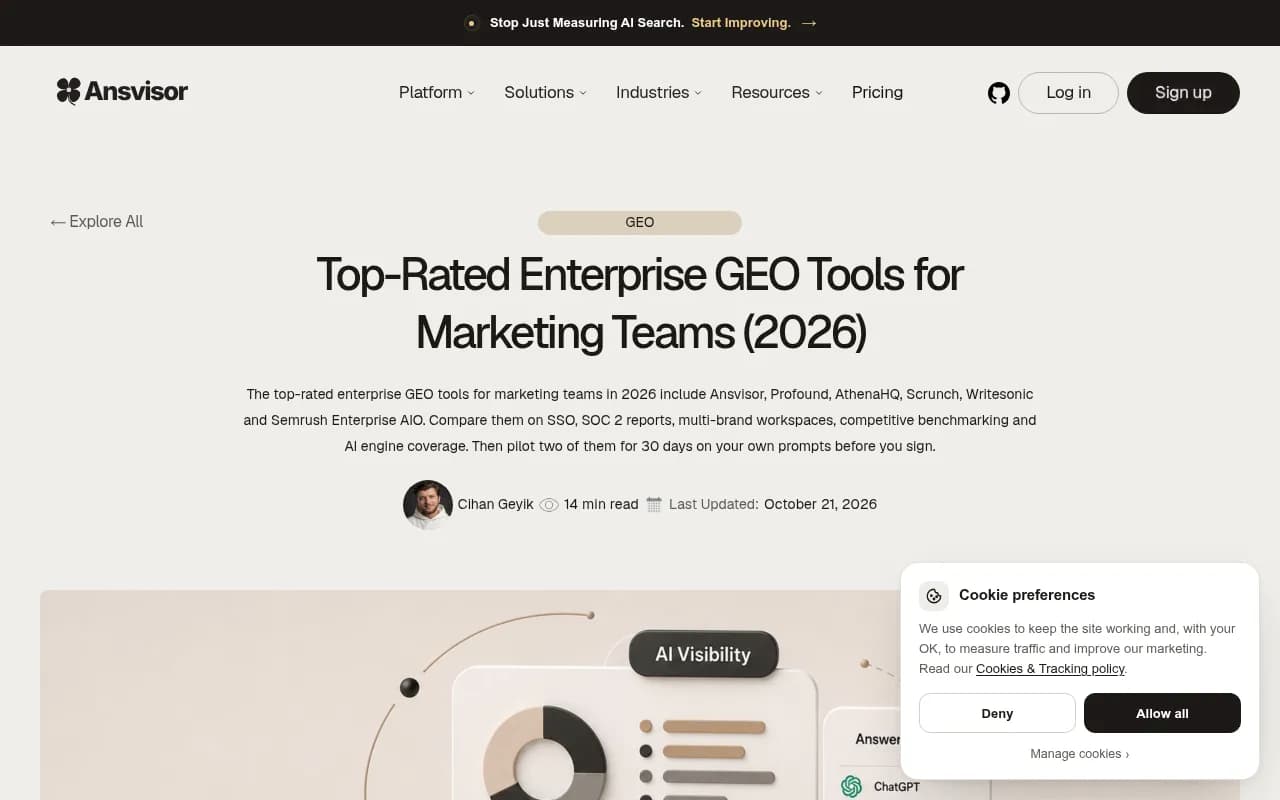 Ansvisor's roundup of enterprise GEO tools for marketing teams