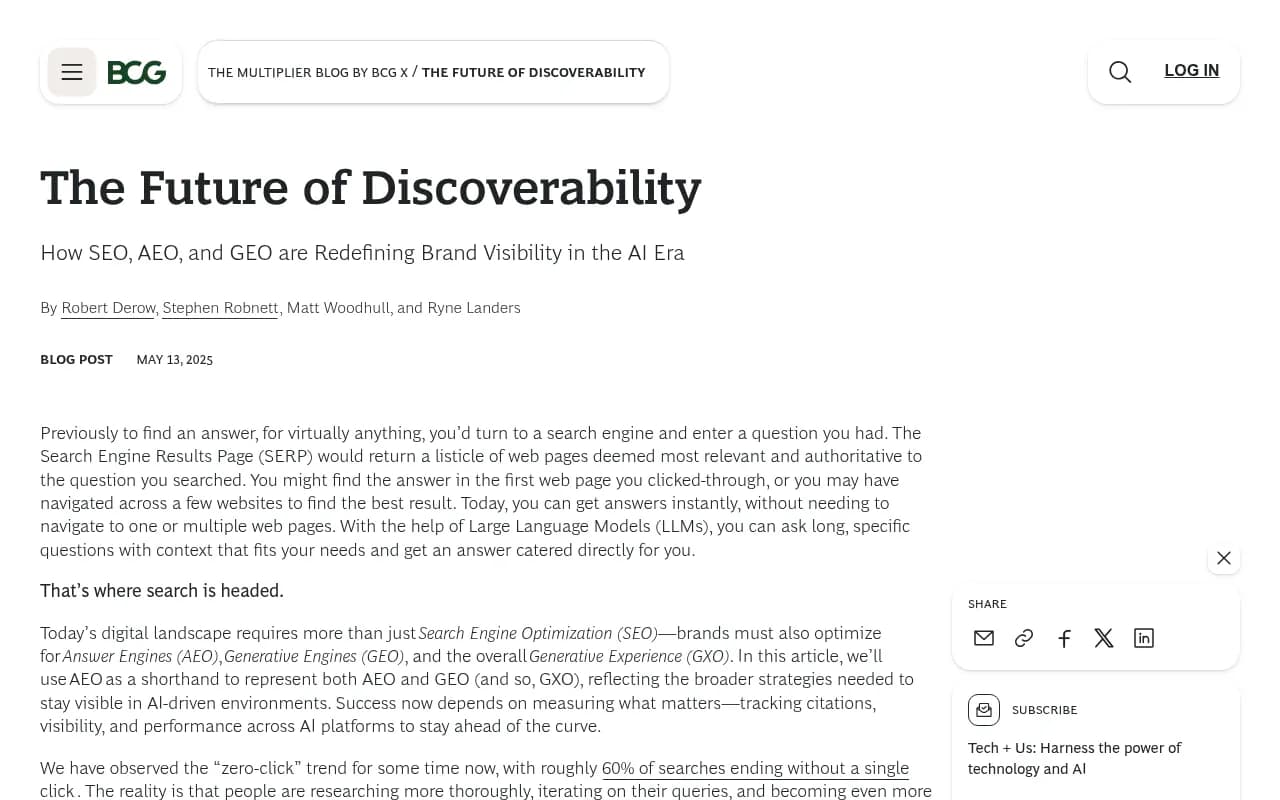 BCG X's January 2026 report on how SEO, AEO, and GEO are redefining brand visibility in the AI era