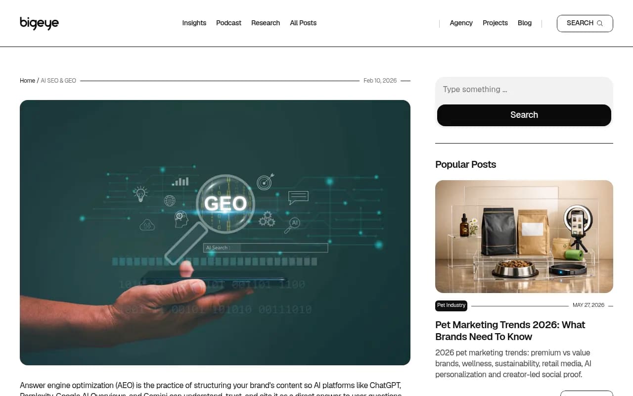 Answer Engine Optimization guide from Bigeye Agency showing how brands get cited by AI in 2026