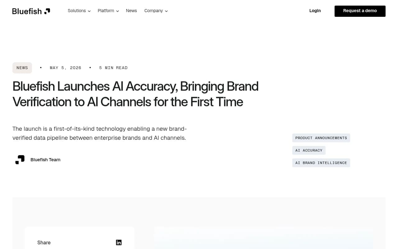 Bluefish's May 2026 announcement of AI Accuracy and Brand Vault, the brand-fact verification capability that is its most differentiated feature