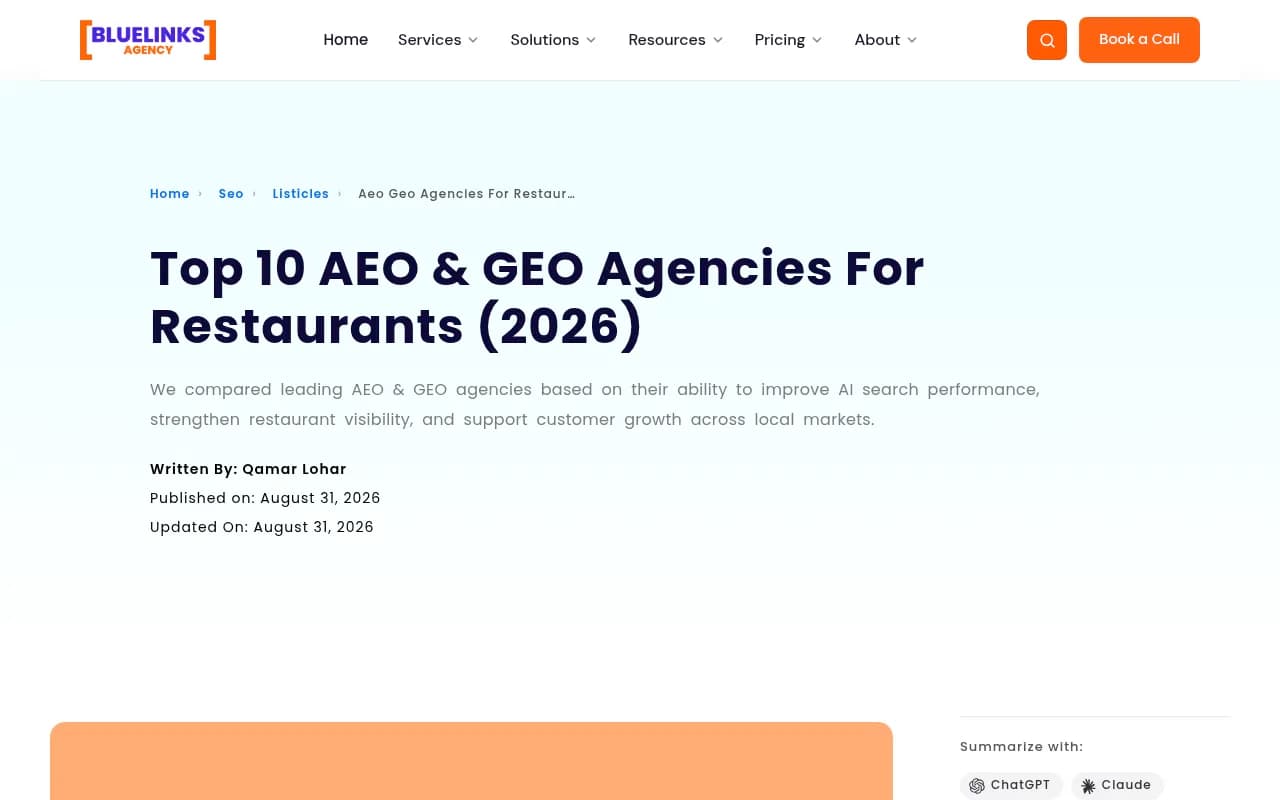 Bluelinks Agency's list of AEO and GEO agencies for restaurants