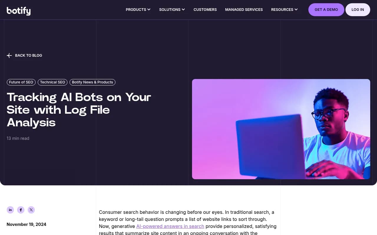 Botify log file analysis dashboard showing AI bot activity