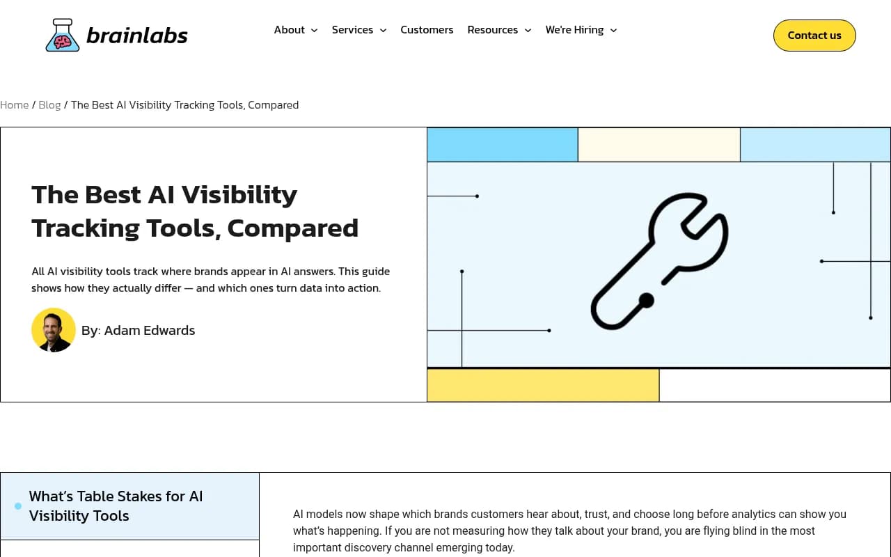 Brainlabs comparison of AI visibility tracking tools, showing the table-stakes feature list most platforms share