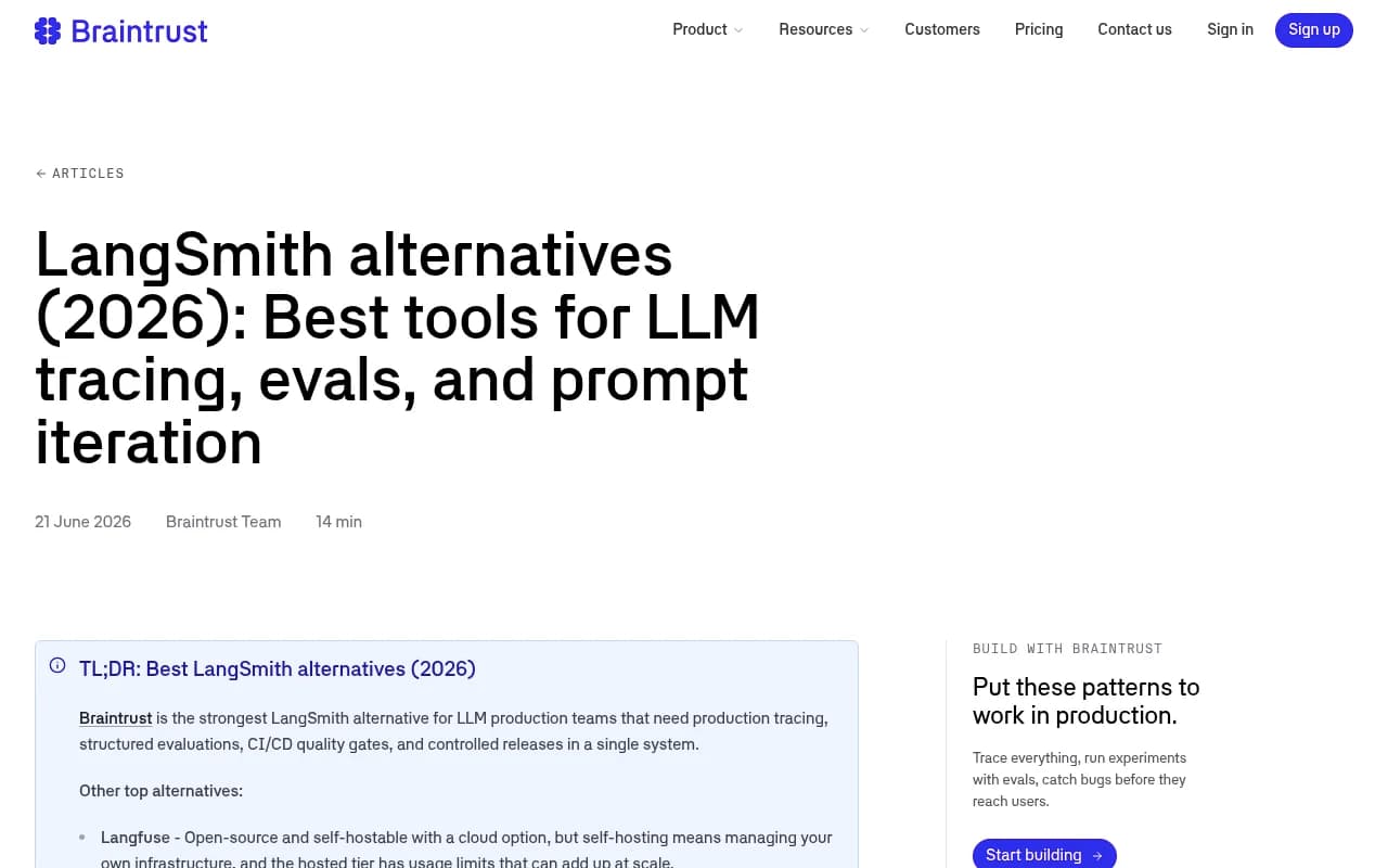 Braintrust's LangSmith alternatives article, a vendor-written comparison