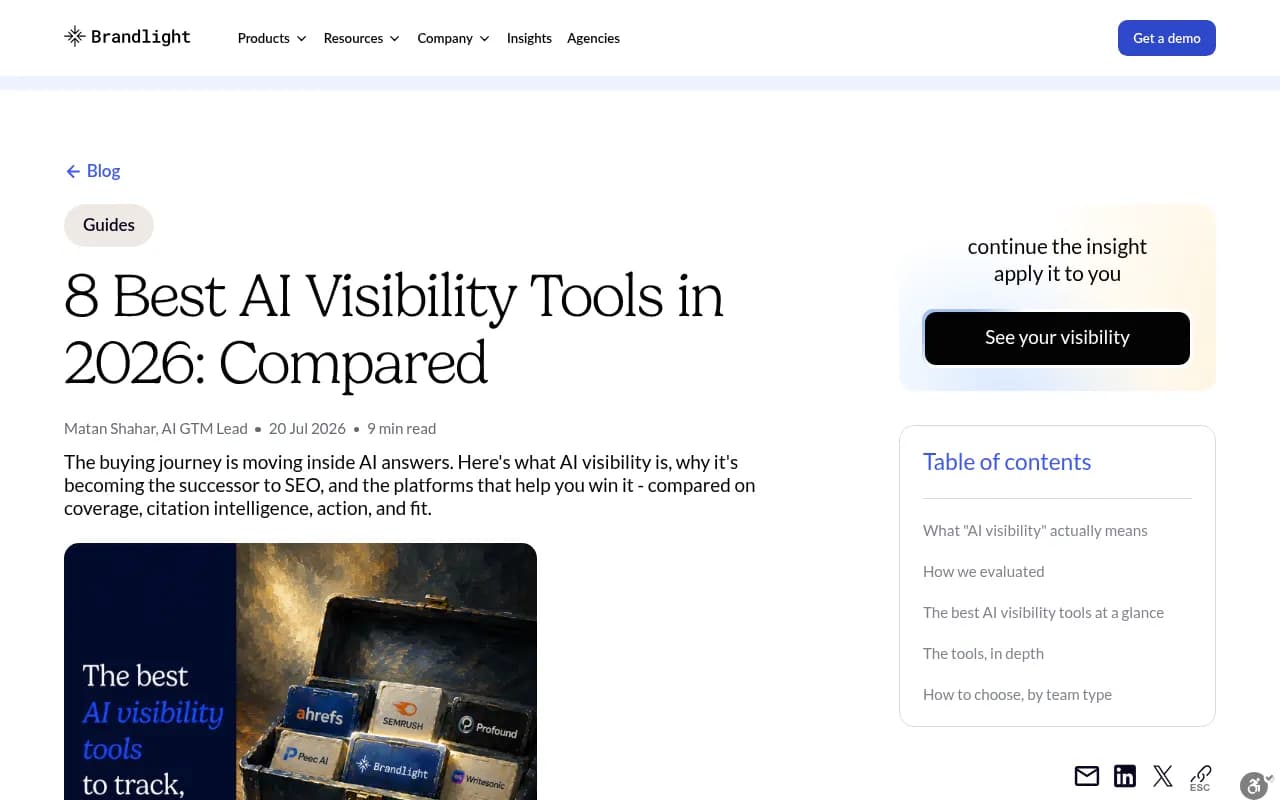Brandlight's own blog post comparing AI visibility tools, which ranks itself first among eight platforms