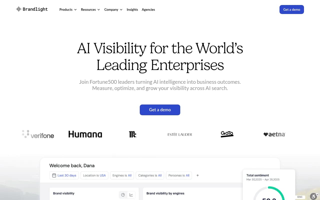 Brandlight's homepage showing its enterprise customer logos and AI visibility positioning
