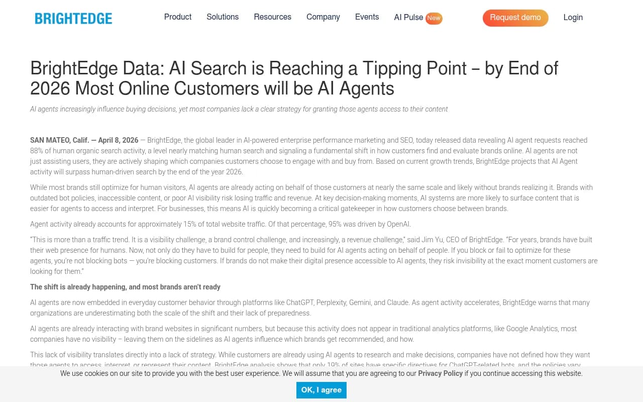 BrightEdge data showing AI search reaching a tipping point, with AI agent activity approaching human search levels