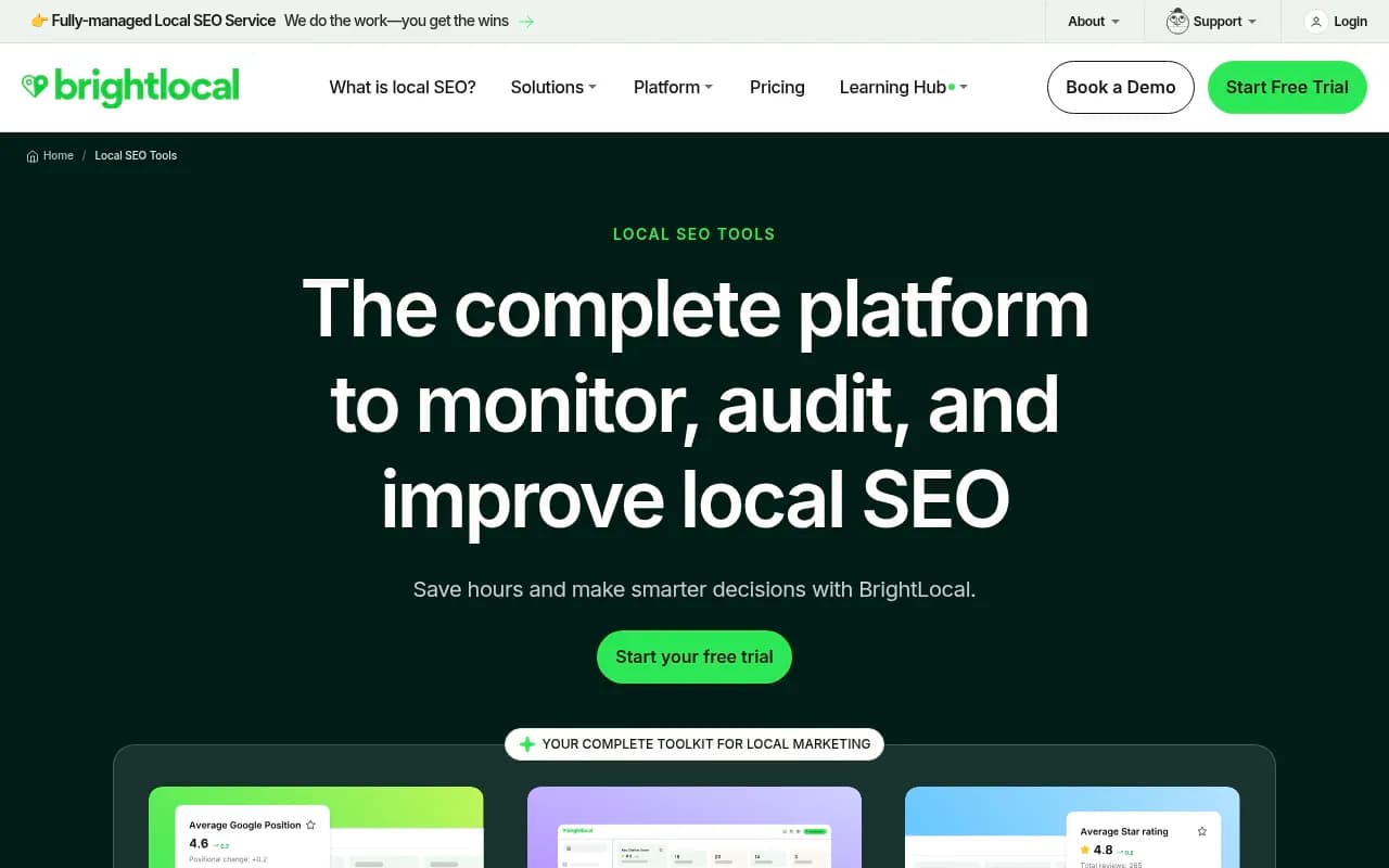 BrightLocal local SEO tools page showing the Track, Manage and Grow plan structure