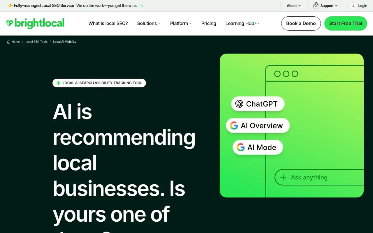 BrightLocal Local AI Visibility Tracker page showing consumer survey stats on AI and local search