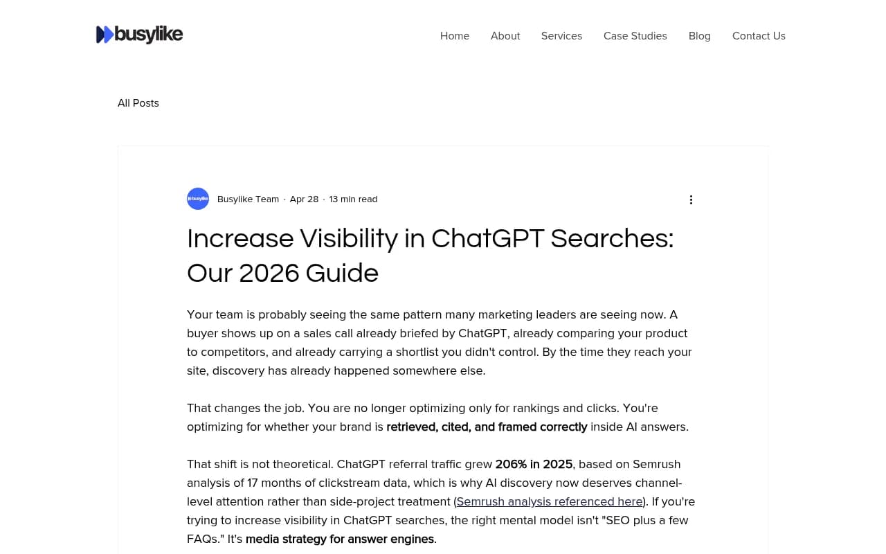 Busylike's 2026 guide to increasing ChatGPT search visibility, covering GEO and content engineering