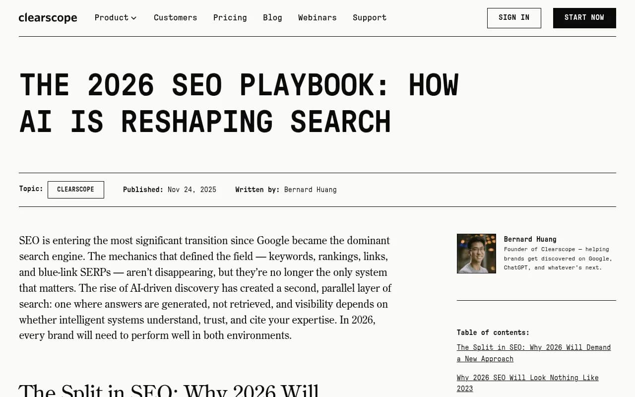 Clearscope's 2026 SEO playbook showing the split between traditional and AI search