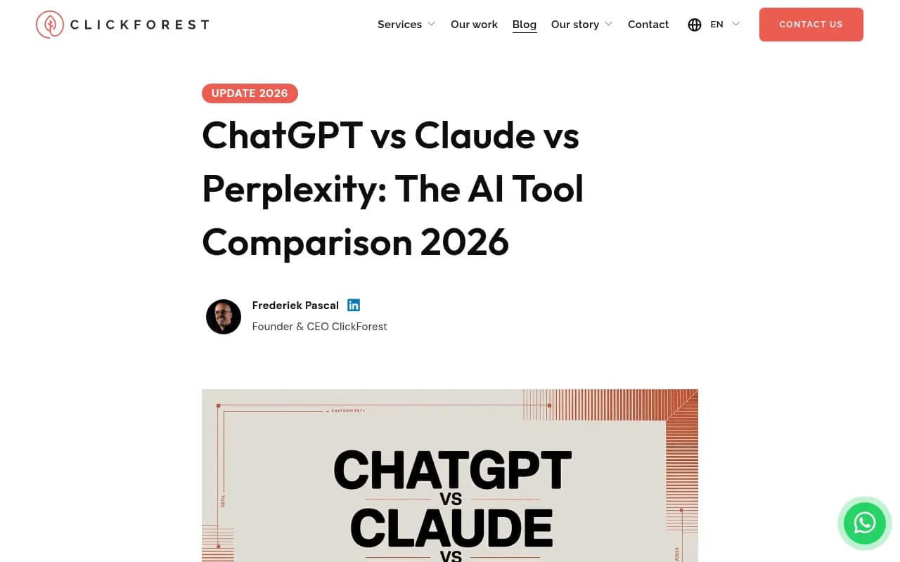 ChatGPT vs Claude vs Perplexity comparison overview from ClickForest's 2026 AI tools guide