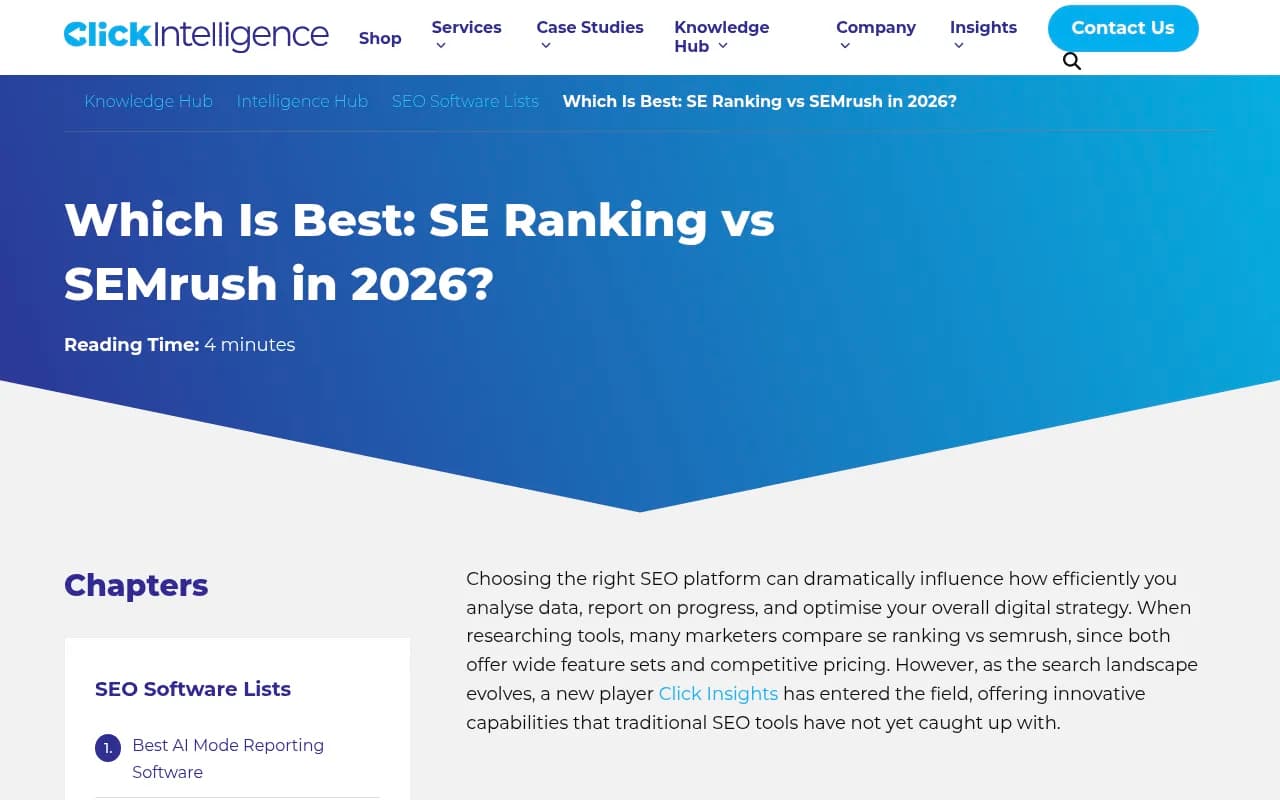 SE Ranking vs Semrush comparison guide from Click Intelligence, covering feature depth and pricing in 2026
