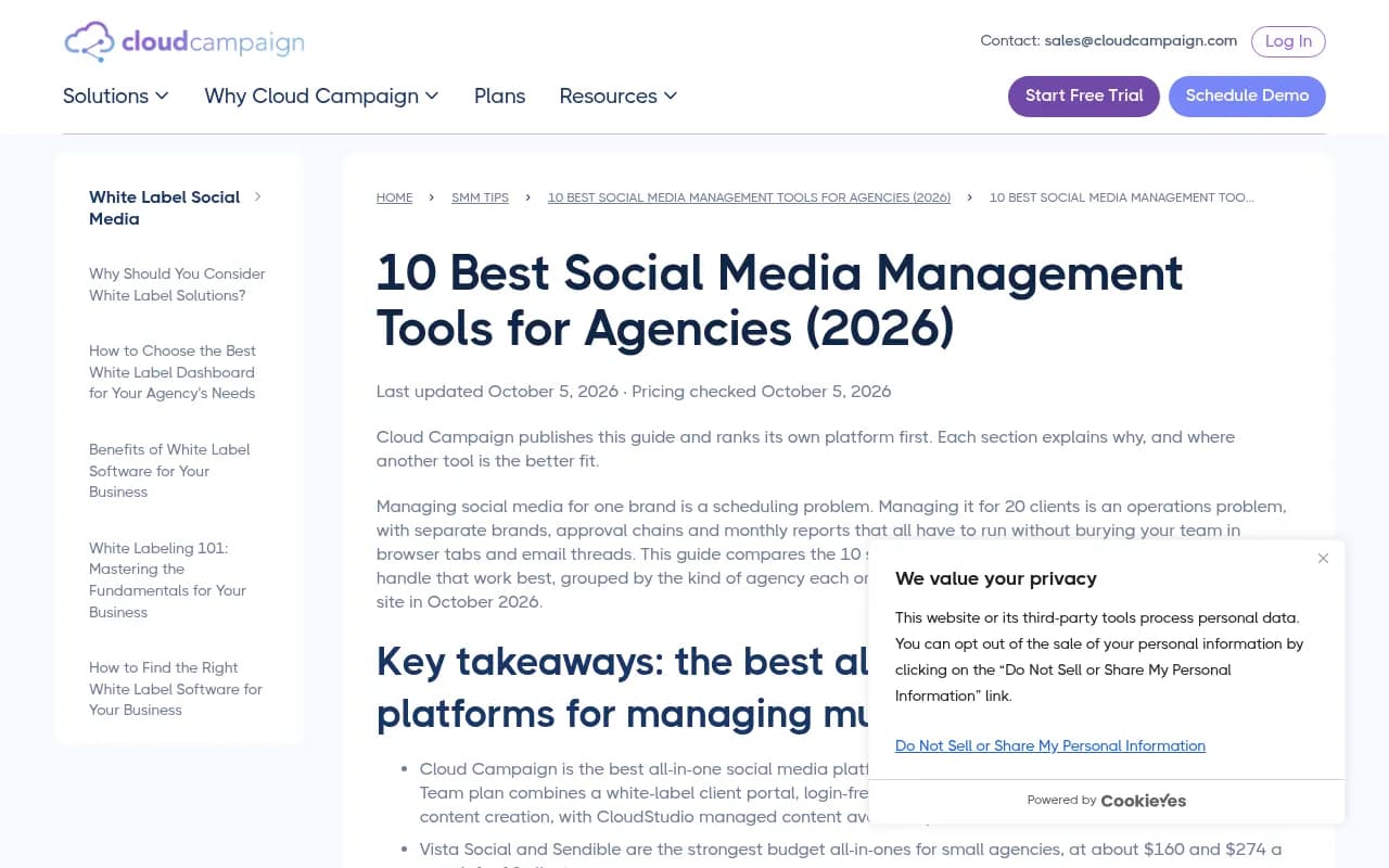 Cloud Campaign's agency-focused tools page listing white label resources for social media management