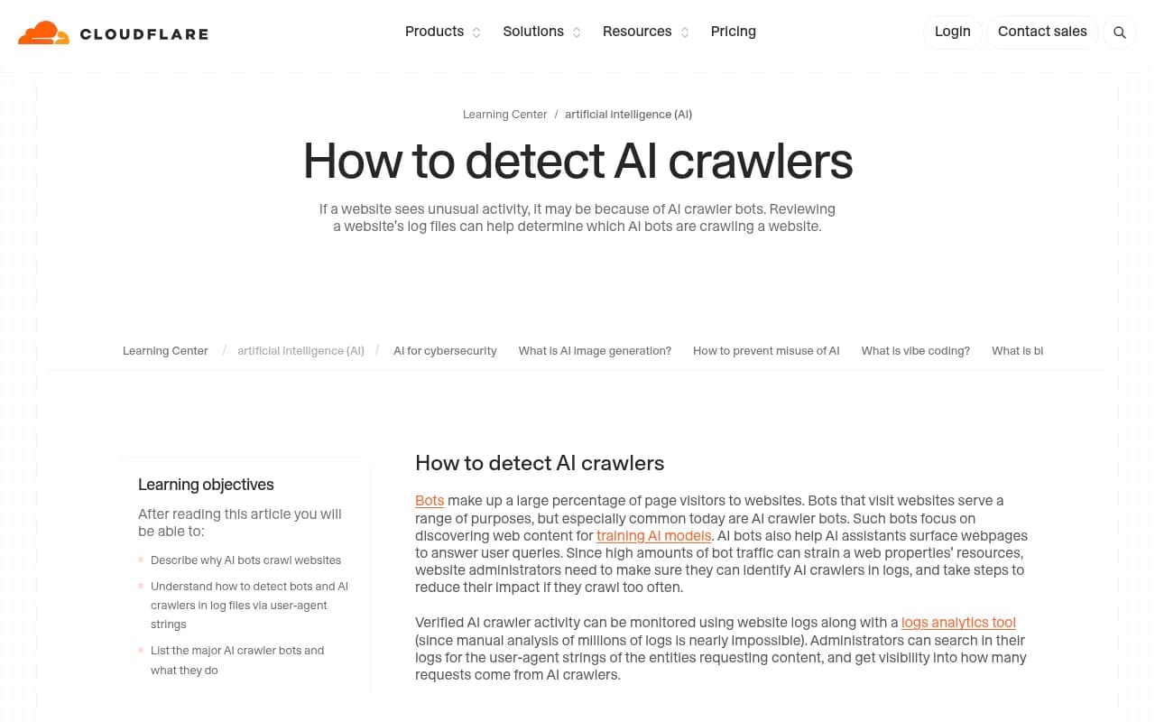 Cloudflare's guide on detecting AI crawlers through logs and user-agent strings