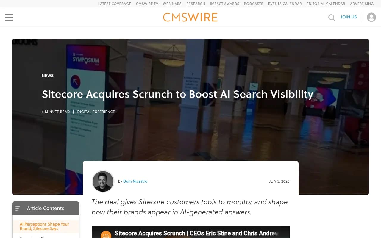 CMSWire coverage of the Sitecore-Scrunch acquisition and what it means for AI brand presence