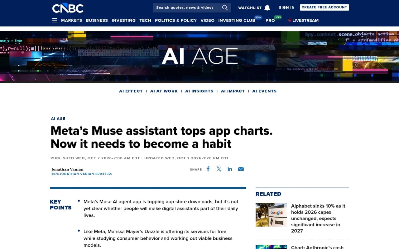 CNBC coverage of Meta's Muse personal agent topping app store charts