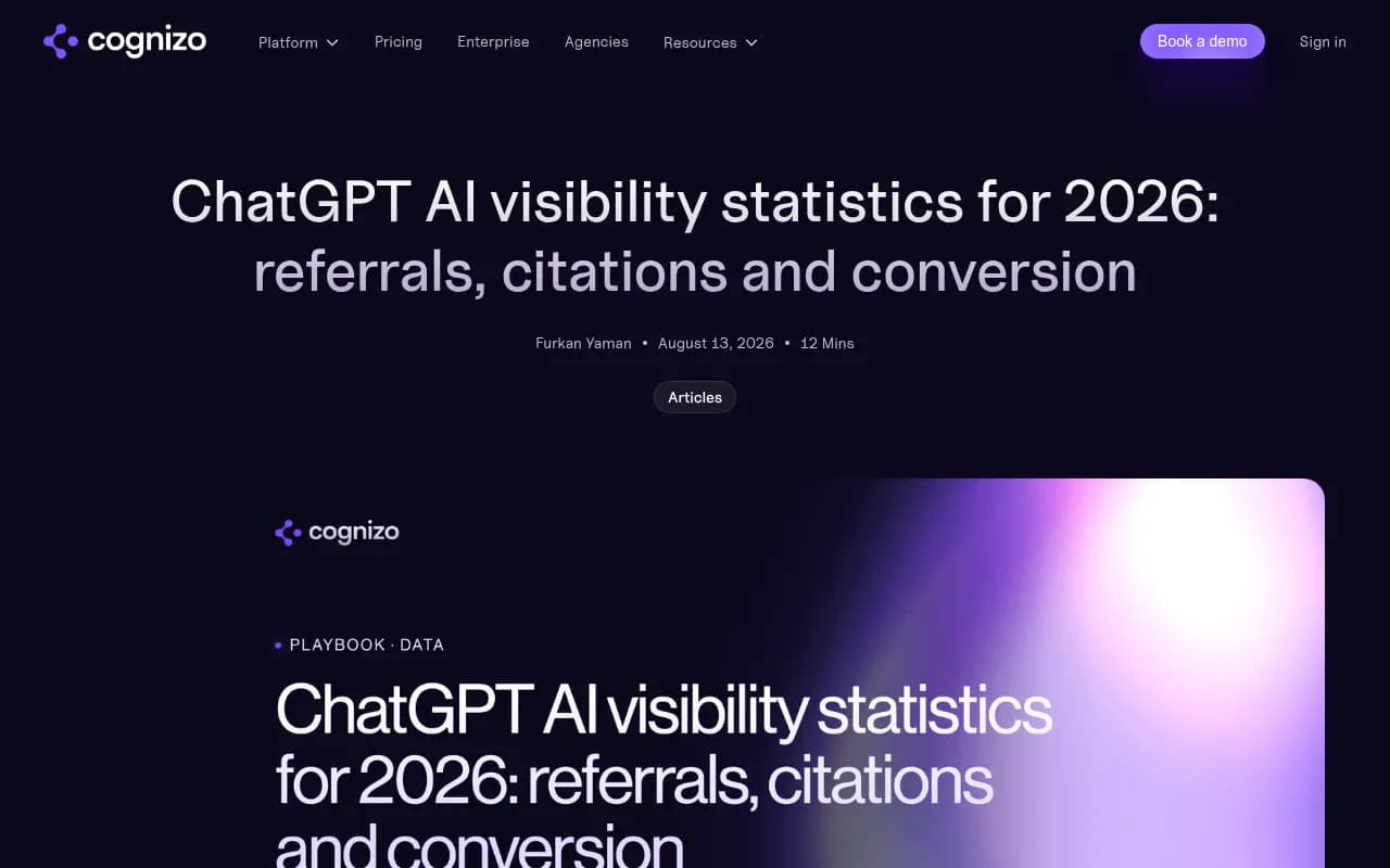 Cognizo's 2026 ChatGPT AI visibility statistics article covering referrals, citations and conversion