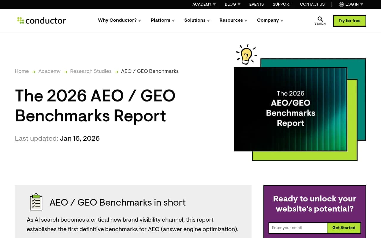 Conductor's 2026 AEO/GEO Benchmarks Report showing AI as a parallel visibility surface alongside traditional search