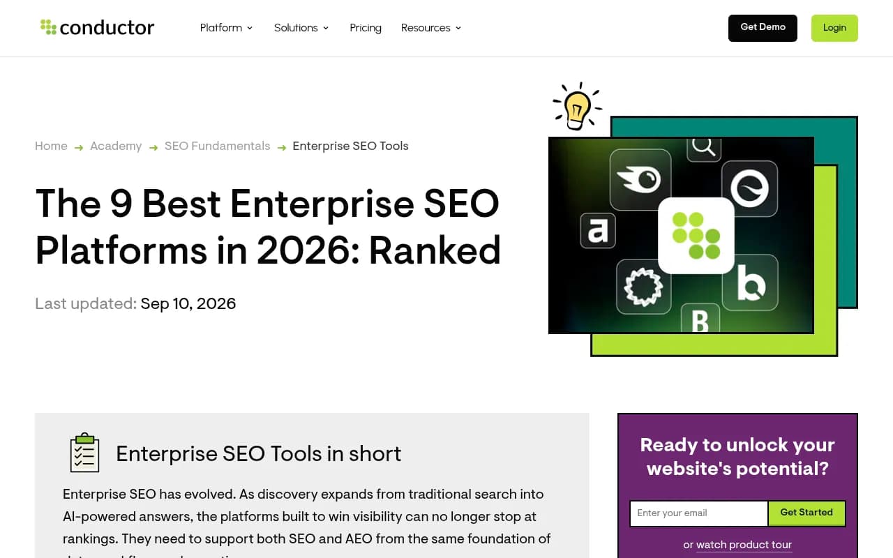 Conductor's enterprise SEO platform ranking page, which places Conductor first