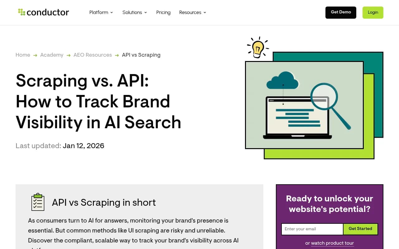 Conductor's article arguing for API monitoring over UI scraping for AI visibility