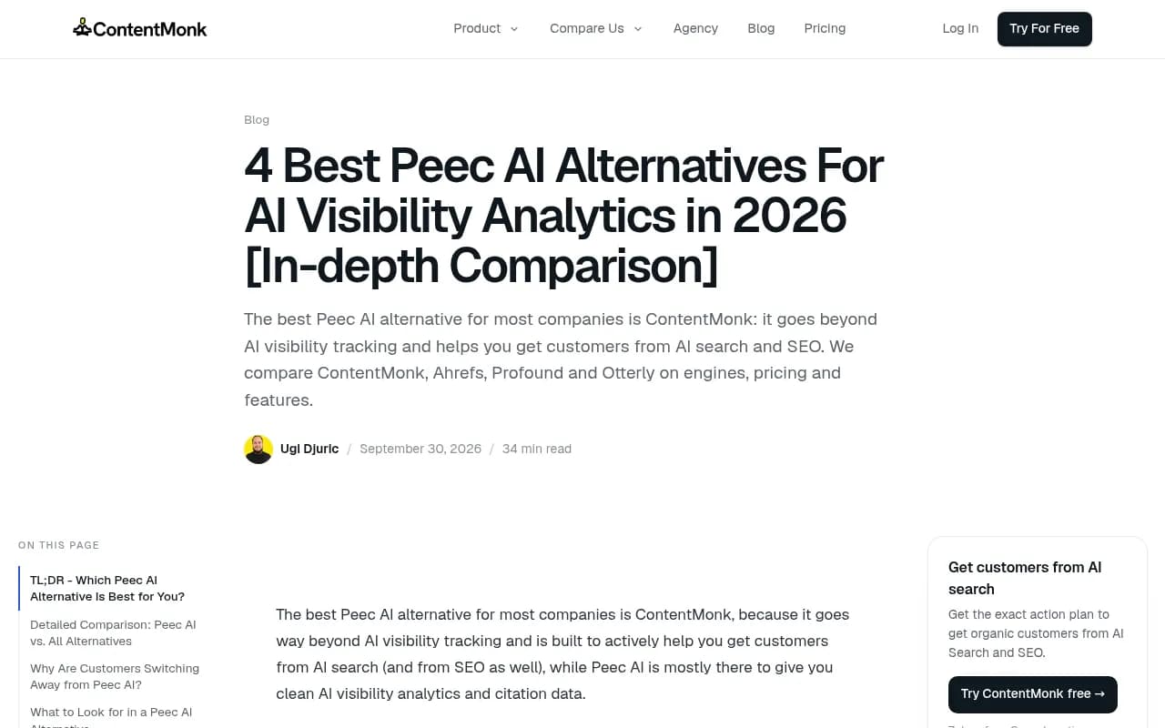ContentMonk's Peec AI alternatives comparison page, which tests four tools over 21 days