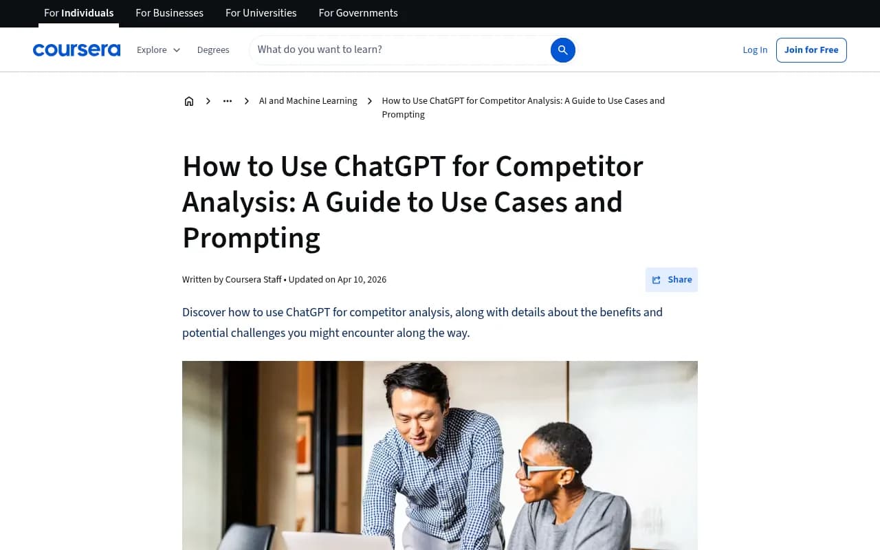 Coursera guide on using ChatGPT for competitor analysis, covering prompting and verification