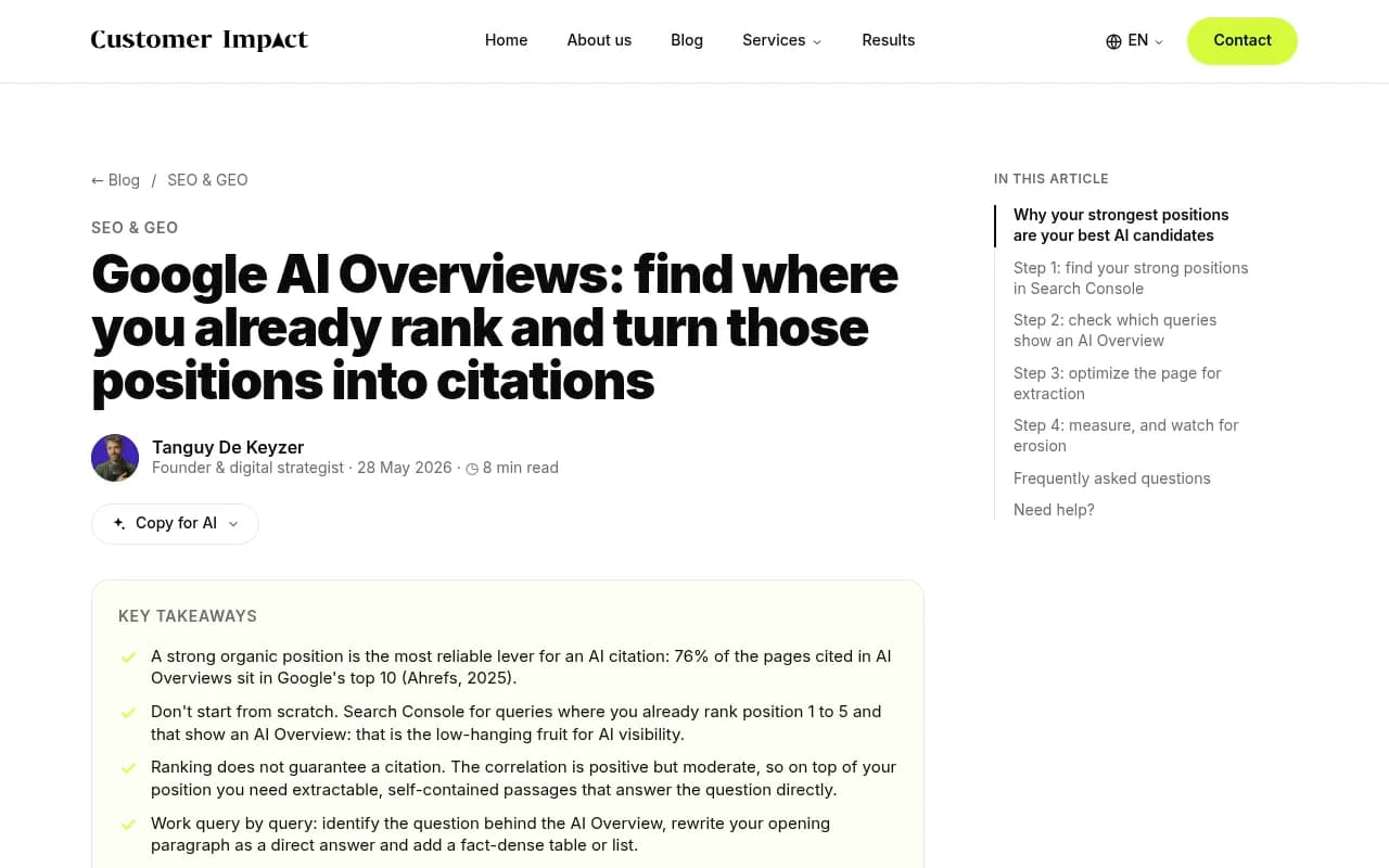 Customer Impact's guide on finding the queries where you already rank and turning them into AI citations